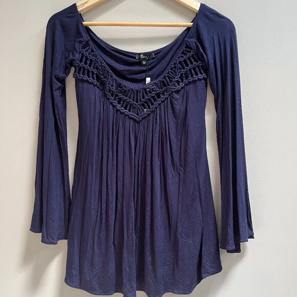 Sky Tops - Sky Women's Navy Blue Crochet Bell Sleeve Sexy Top New Medium